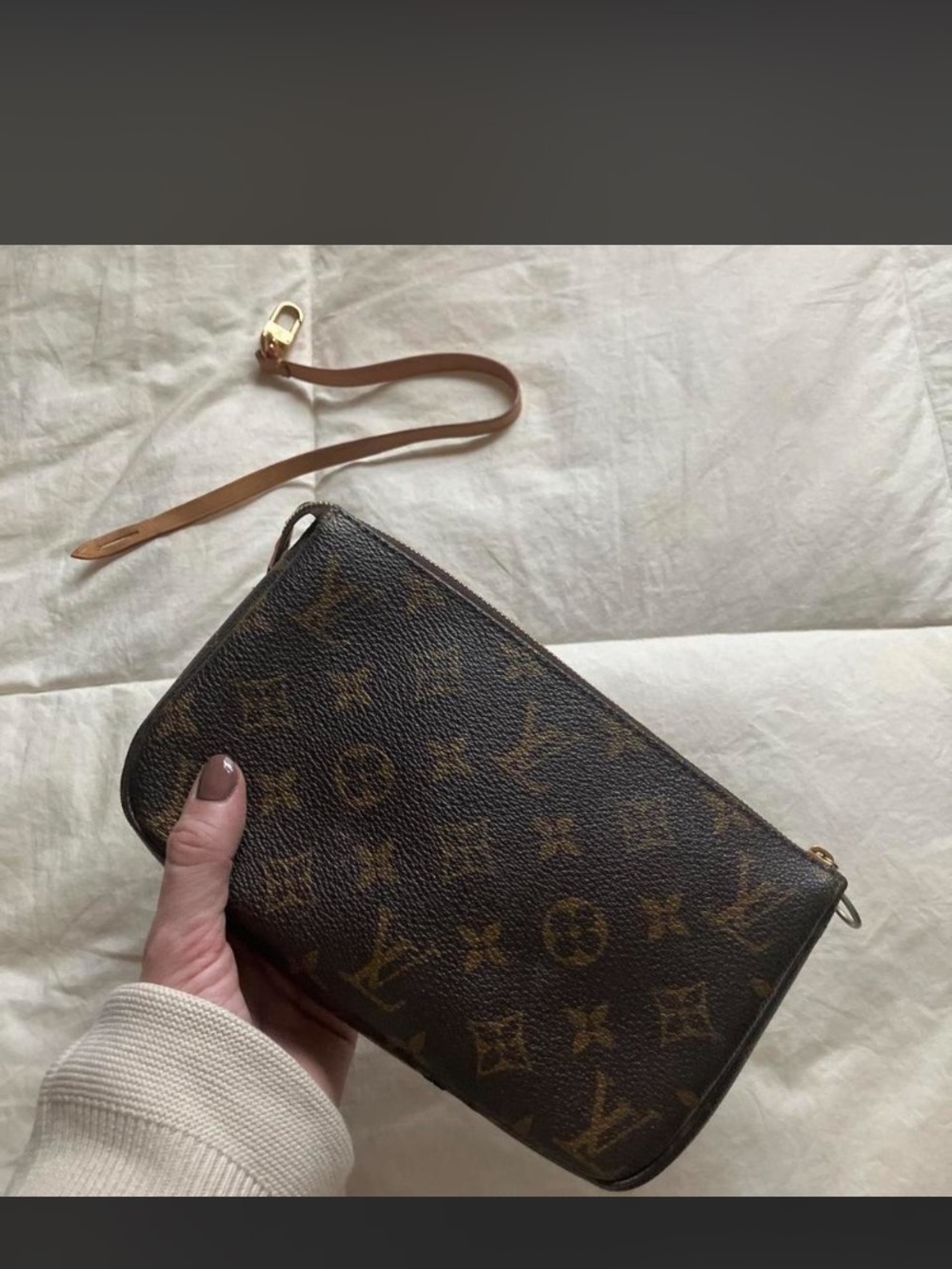 Louis Vuitton Monogram Zip Pochette in Brown with Tan Strap